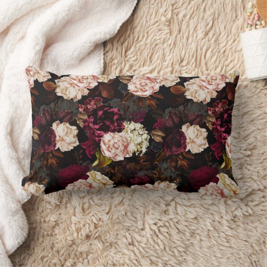 黒に青々としたバロックアンティークの牡丹の花 ランバークッション (ブランケット)