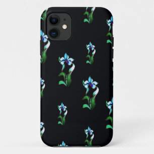 黒に青い緑のネオンの花 iPhone 11 ケース