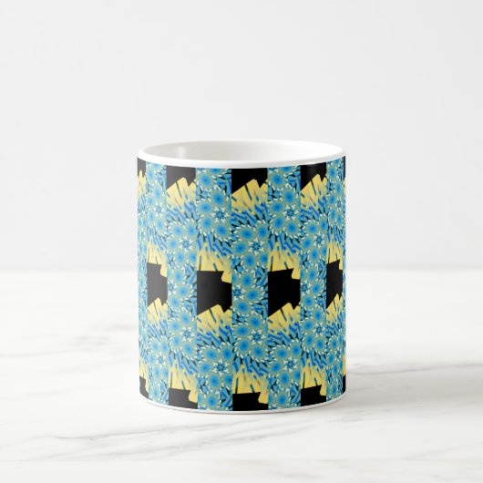 黒に青い花と黄色の抽象芸術 コーヒーマグカップ (中央)