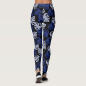 黒に青と灰色のモンステラの葉のパターン レギンス (裏面)