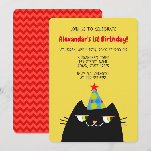 黒ねこBoooの1歳の誕生日パーティー、かわいい黒ねこ1歳の誕生日 招待状 (正面/裏面)