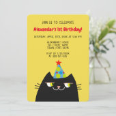 黒ねこBoooの1歳の誕生日パーティー、かわいい黒ねこ1歳の誕生日 招待状 (スタンド正面)