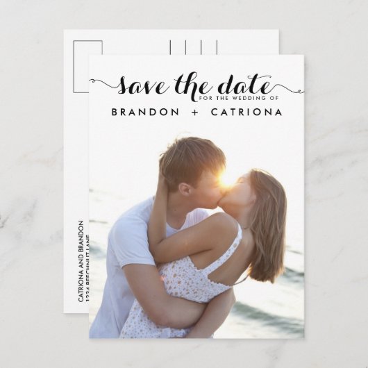 黒のお洒落スクリプト日付ポストカードの保存 案内ポストカード (正面/裏面)