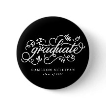 黒のお洒落フローラスクリプトの卒業ボタン