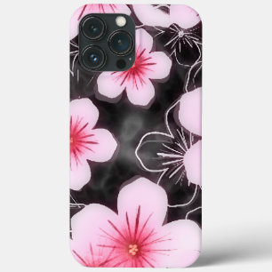 黒のかわいいパステル調ピンクのハイビスカスの花パターン iPhone 13 PRO MAXケース