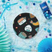 黒のかわいく幸せで継ぎ目が無い寿司パターン ペーパープレート (パーティー)