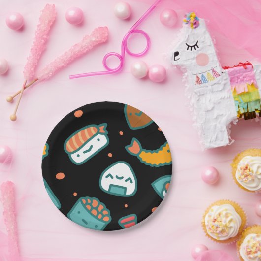 黒のかわいく幸せで継ぎ目が無い寿司パターン ペーパープレート (パーティー)