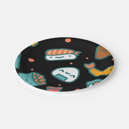 黒のかわいく幸せで継ぎ目が無い寿司パターン ペーパープレート (アングル)