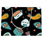 黒のかわいく幸せで継ぎ目が無い寿司パターン ラージペーパーバッグ (正面)