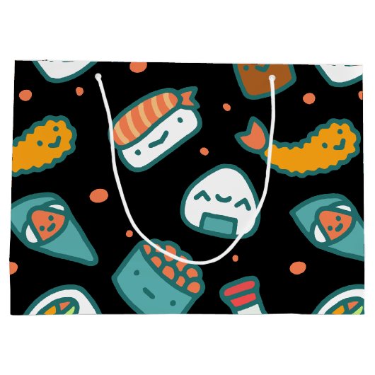 黒のかわいく幸せで継ぎ目が無い寿司パターン ラージペーパーバッグ (裏面)