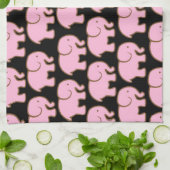 黒のかわいらしいピンクのかわいい象 キッチンタオル (折り畳み)