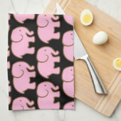黒のかわいらしいピンクのかわいい象 キッチンタオル (四つ折り)