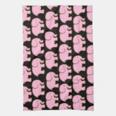 黒のかわいらしいピンクのかわいい象 キッチンタオル (縦)