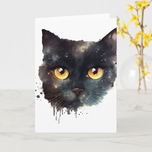 黒のしたたる水彩画の猫 カード (黄色い花)