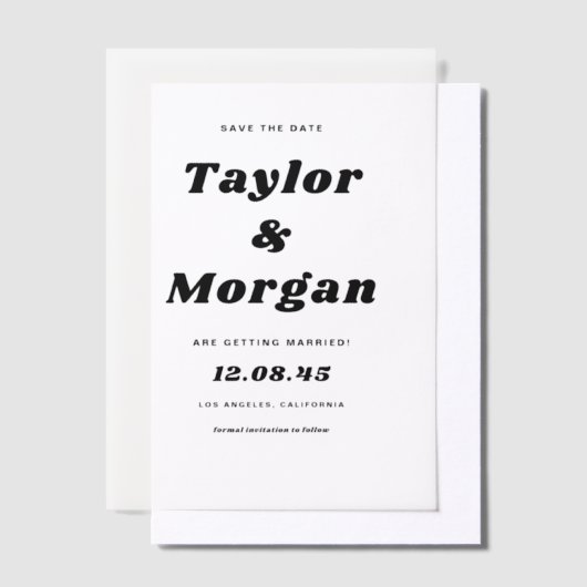 黒のはっきりしたレトロスクリプト日付の保存 ベラム紙招待状 (オフセット)