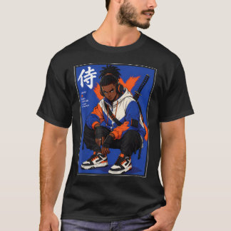黒のアニメサムライストリートウェアアフロ Tシャツ