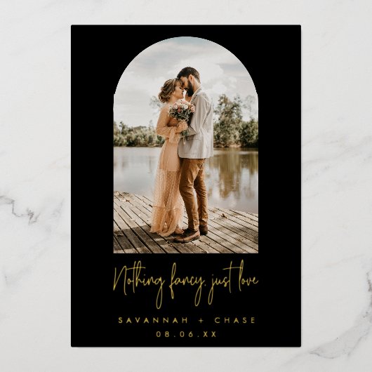 黒のアーチ写真Nothing Just ファンシー Love Elopment 箔招待状 (正面)
