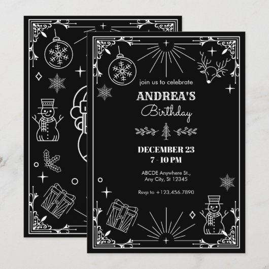 黒のアールデコクリスマスオーナメント 招待状 (正面/裏面)