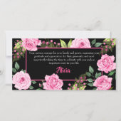 黒のウェディングシャワーのためのピンクのバラ サンキューカード (裏面)