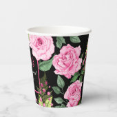 黒のウェディングシャワーのピンクのバラ 紙コップ (裏面)