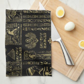 黒のエジプトのヒエログリフそして神の金ゴールド キッチンタオル (四つ折り)