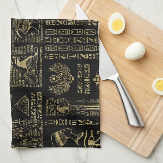 黒のエジプトのヒエログリフそして神の金ゴールド キッチンタオル (四つ折り)