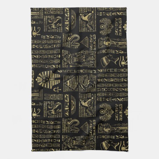 黒のエジプトのヒエログリフそして神の金ゴールド キッチンタオル (縦)