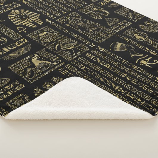 黒のエジプトのヒエログリフそして神の金ゴールド シェルパブランケット (3/4)
