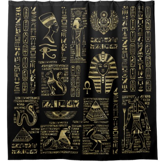 黒のエジプトのヒエログリフそして神の金ゴールド シャワーカーテン (正面)