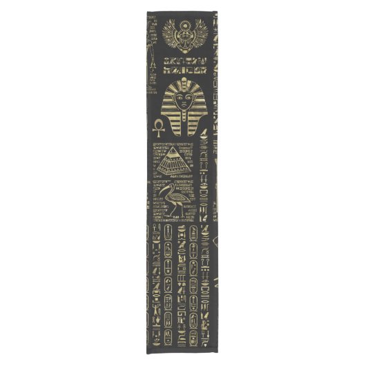 黒のエジプトのヒエログリフそして神の金ゴールド ショートテーブルランナー (正面)