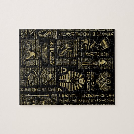 黒のエジプトのヒエログリフそして神の金ゴールド ジグソーパズル (横)