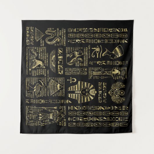 黒のエジプトのヒエログリフそして神の金ゴールド タペストリー (正面(横))