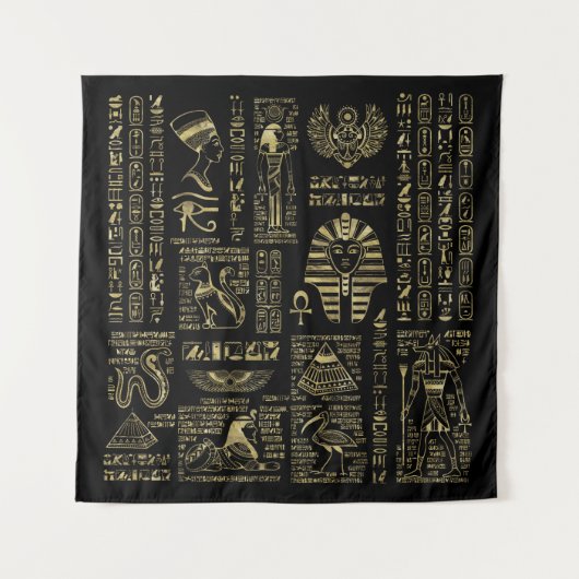 黒のエジプトのヒエログリフそして神の金ゴールド タペストリー (正面)