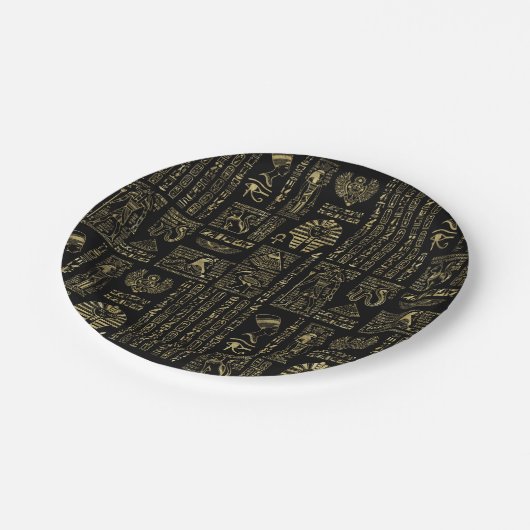黒のエジプトのヒエログリフそして神の金ゴールド ペーパープレート (アングル)