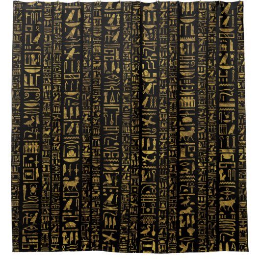 黒のエジプトのヒエログリフのヴィンテージの金ゴールド シャワーカーテン (正面)