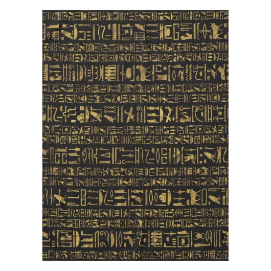 黒のエジプトのヒエログリフのヴィンテージの金ゴールド テーブルクロス (正面)