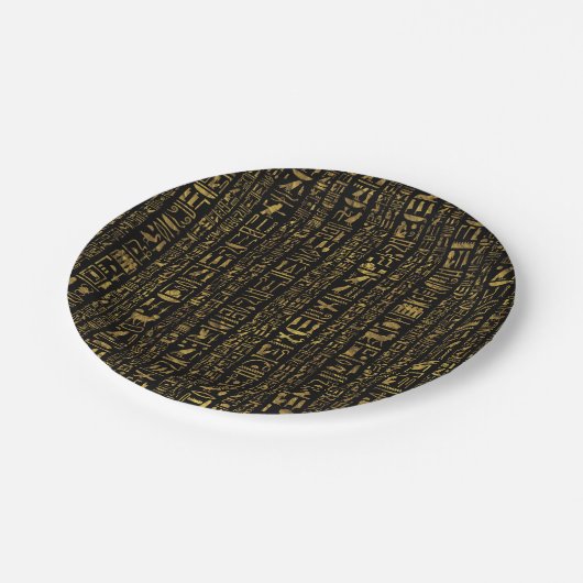 黒のエジプトのヒエログリフのヴィンテージの金ゴールド ペーパープレート (アングル)