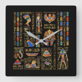 黒のエジプトの象形文字と神 スクエア壁時計 (正面)