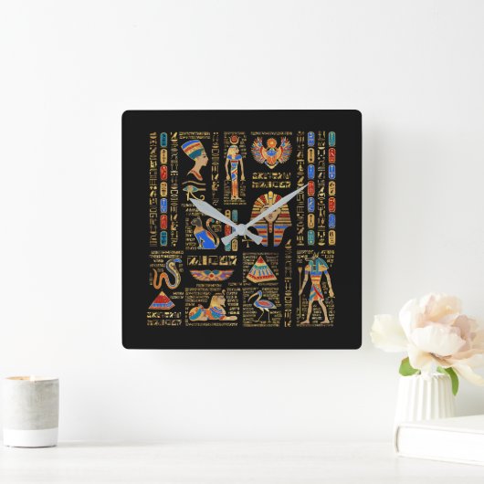 黒のエジプトの象形文字と神 スクエア壁時計 (ホーム)