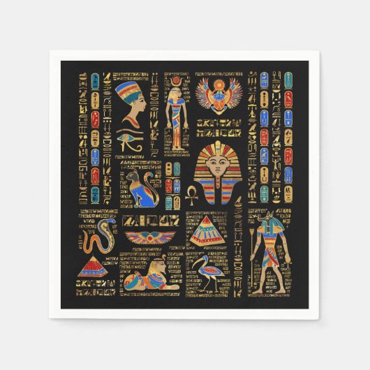 黒のエジプトの象形文字と神 スタンダードカクテルナプキン (正面)