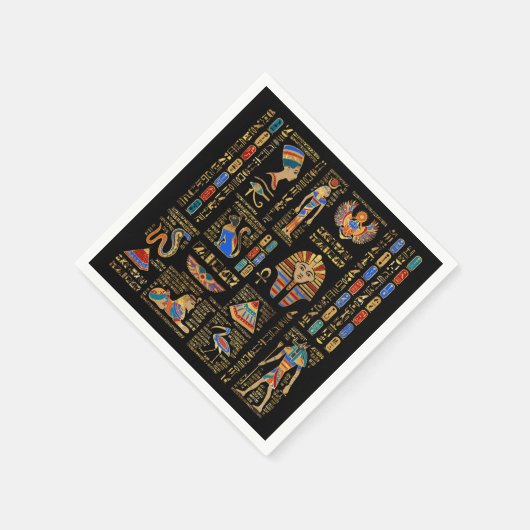 黒のエジプトの象形文字と神 スタンダードカクテルナプキン (角)