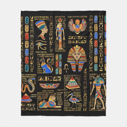 黒のエジプトの象形文字と神 フリースブランケット (正面)