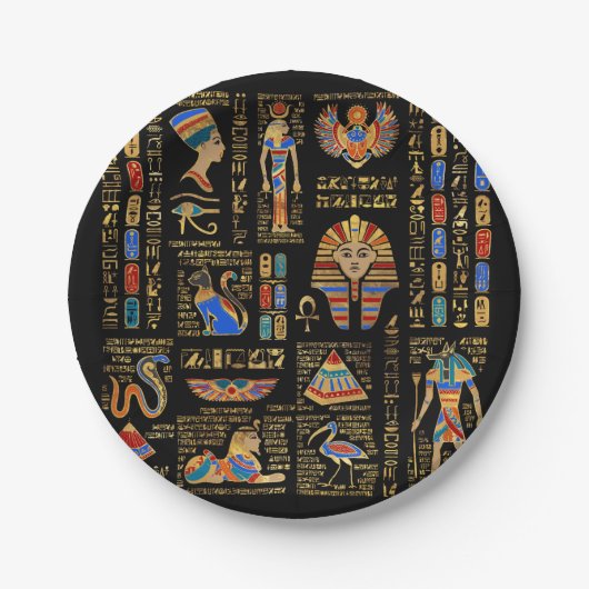 黒のエジプトの象形文字と神 ペーパープレート (正面)