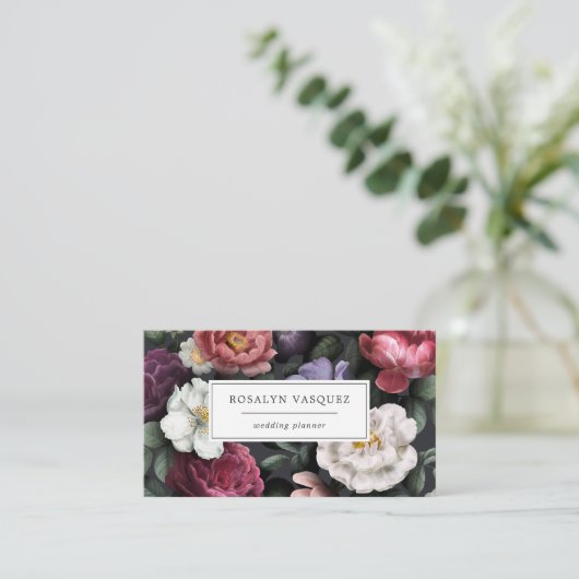 黒のエレガントなヴィンテージの暗い花柄 名刺 (スタンド正面)