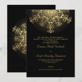黒のエレガントな冬のウェディングでのゴールドの雪の結晶 招待状 (正面/裏面)