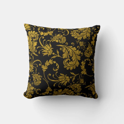 黒のエレガントな金ゴールドのダマスク織パターン クッション (正面)