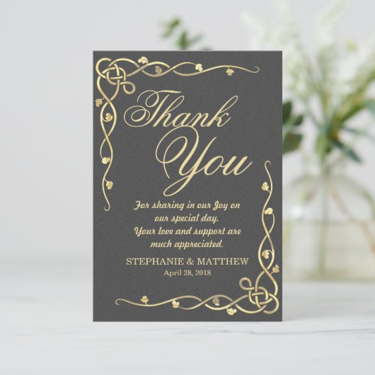 黒のエレガントな金ゴールドの葉が多いつる植物 サンキューカード (スタンド正面)