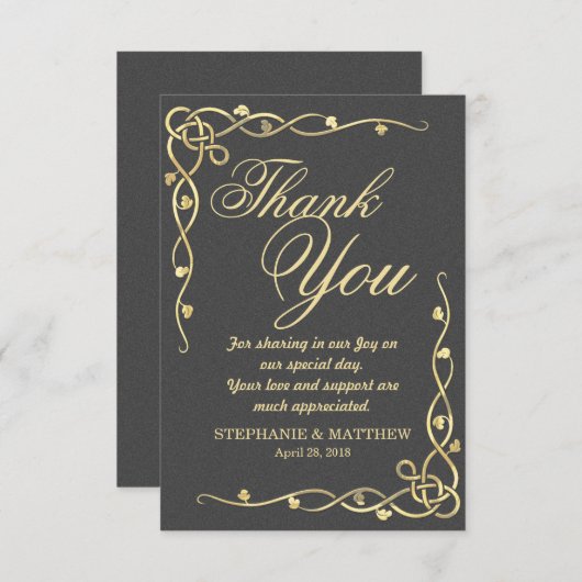 黒のエレガントな金ゴールドの葉が多いつる植物 サンキューカード (正面/裏面)