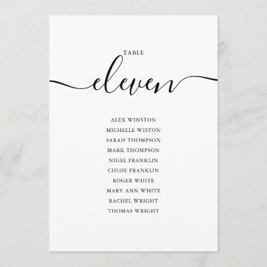 黒のエレガントスクリプトテーブル番号11シーティンググラフ 招待状 (裏面)