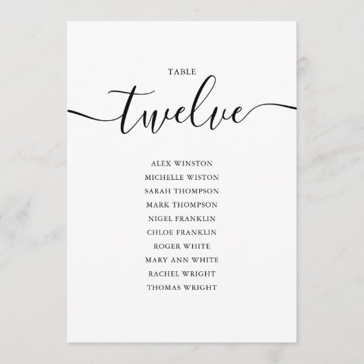 黒のエレガントスクリプトテーブル番号12シーティンググラフ 招待状 (正面)